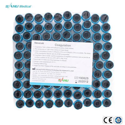 أنابيب اختبار تخثر الزجاج CE ISO Blue Top مع 3.2 ٪ سيترات الصوديوم المضافة